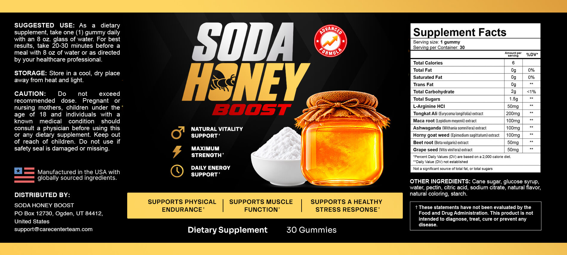 SodaHoney Boost label with suggested use, storage, caution, Supplement Facts panel and other ingredients